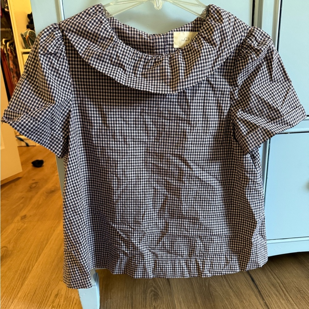 THE GREAT. Black, Navy, White Checkered Top. Ruffle collar. Size Small.